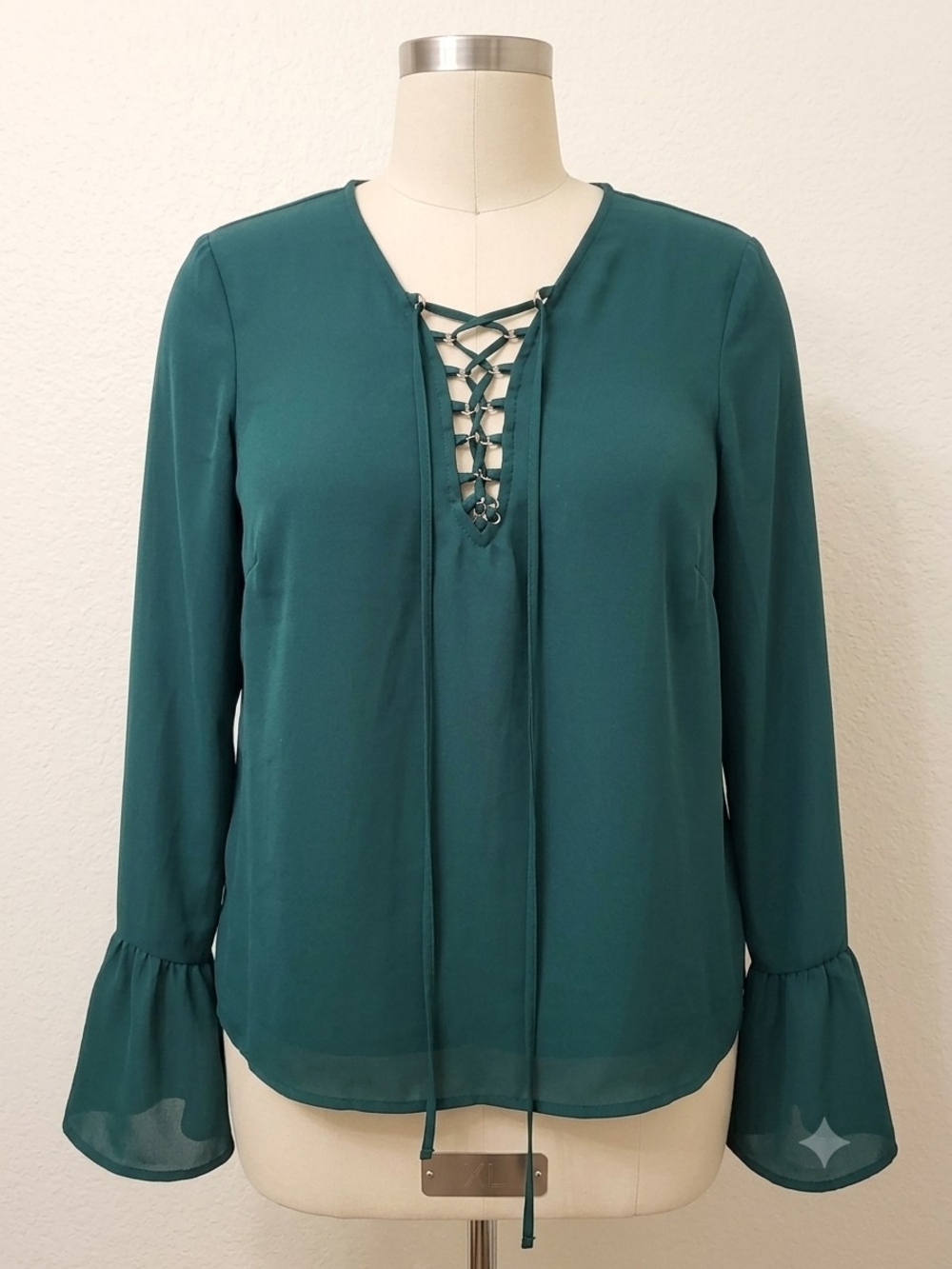Forever 21 Teal Lace-Up V-Neck Bell Sleeve Blouse